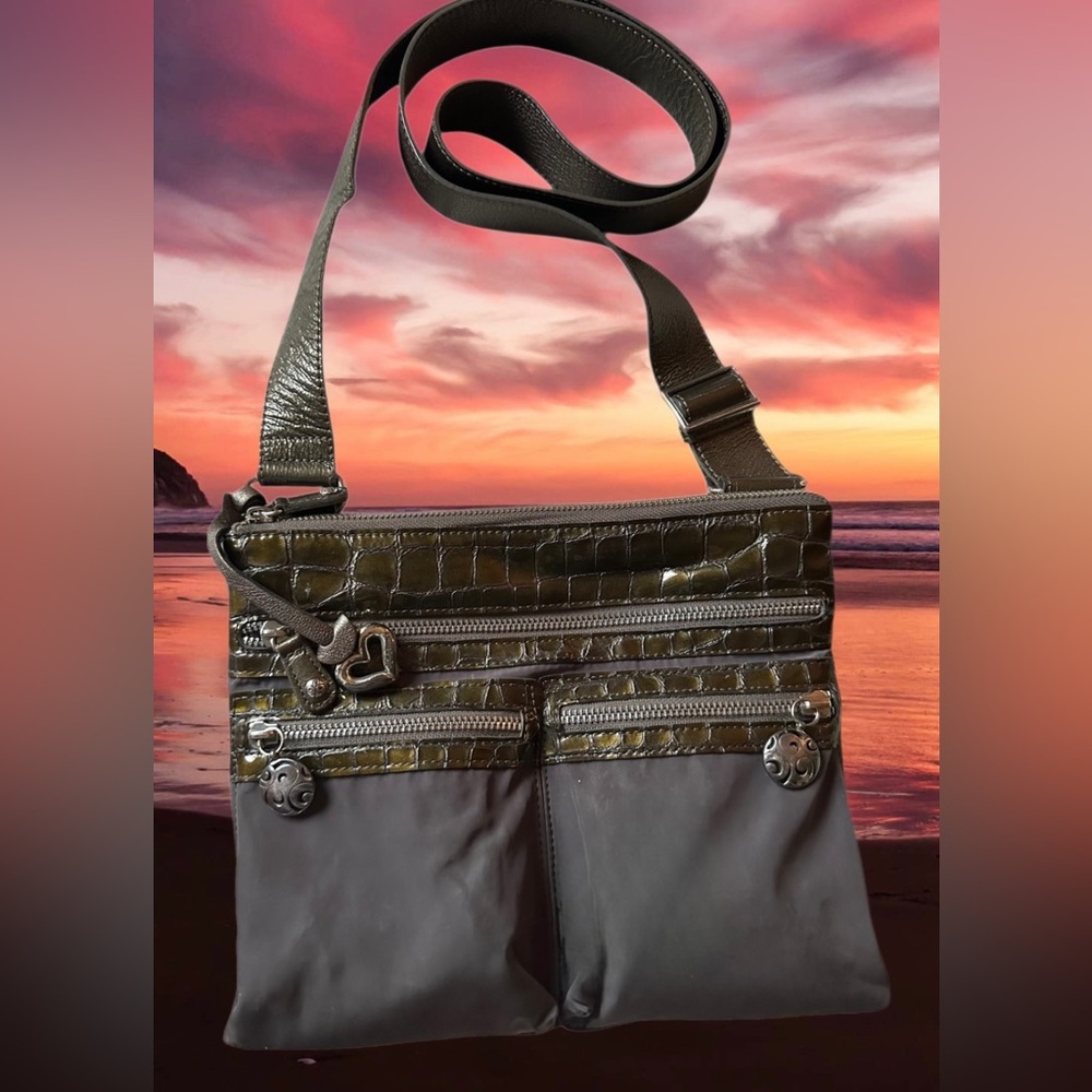 Brighton Go Go Dark Brown Nylon Crossbody Bag with Croc Accents